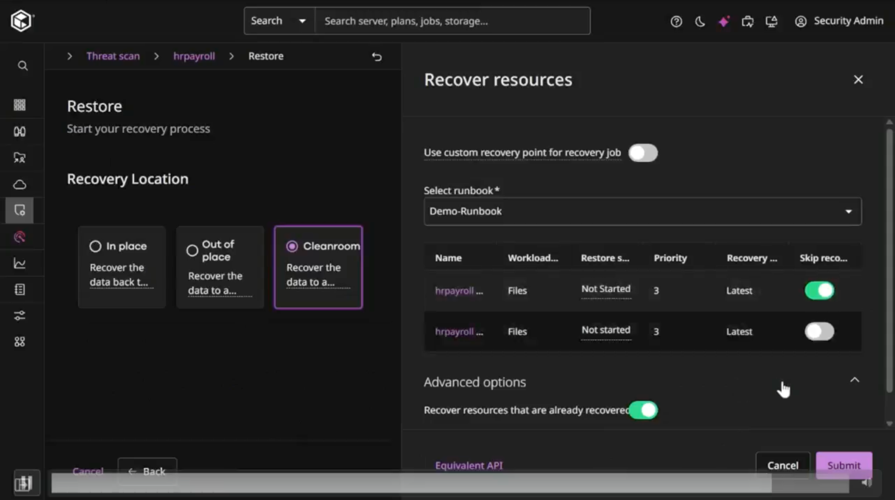 Commvault recovery UI showing three destination options with Cleanroom selected and a runbook configured for the restore