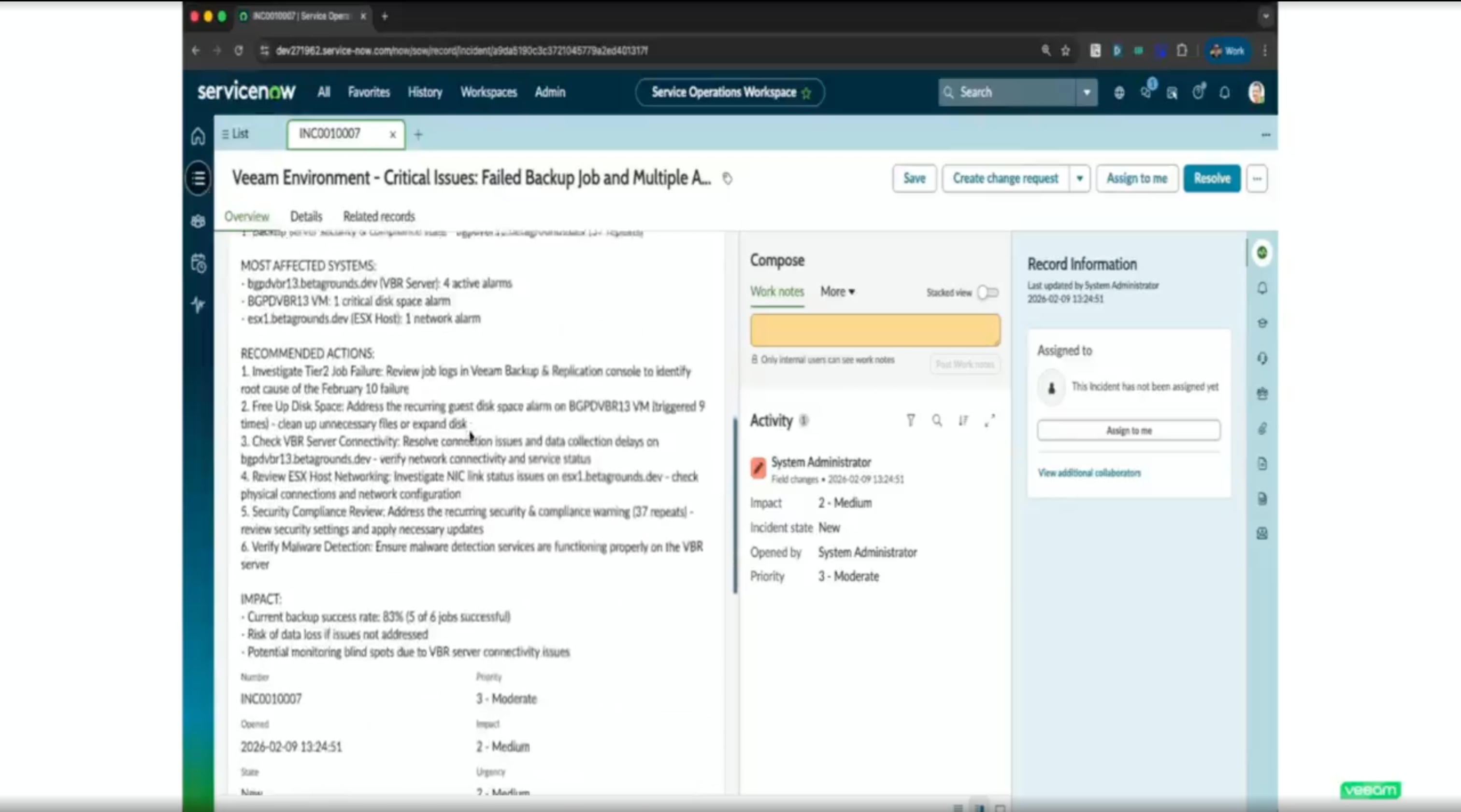 ServiceNow incident ticket automatically created from the Veeam MCP integration showing backup failure details populated from the AI-generated report